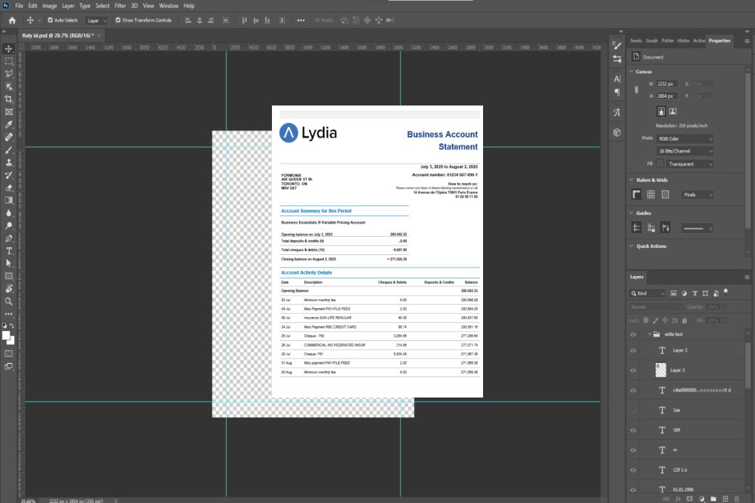 Relevé de compte de l'entreprise bancaire Lydia Noir Format Word et PDF template